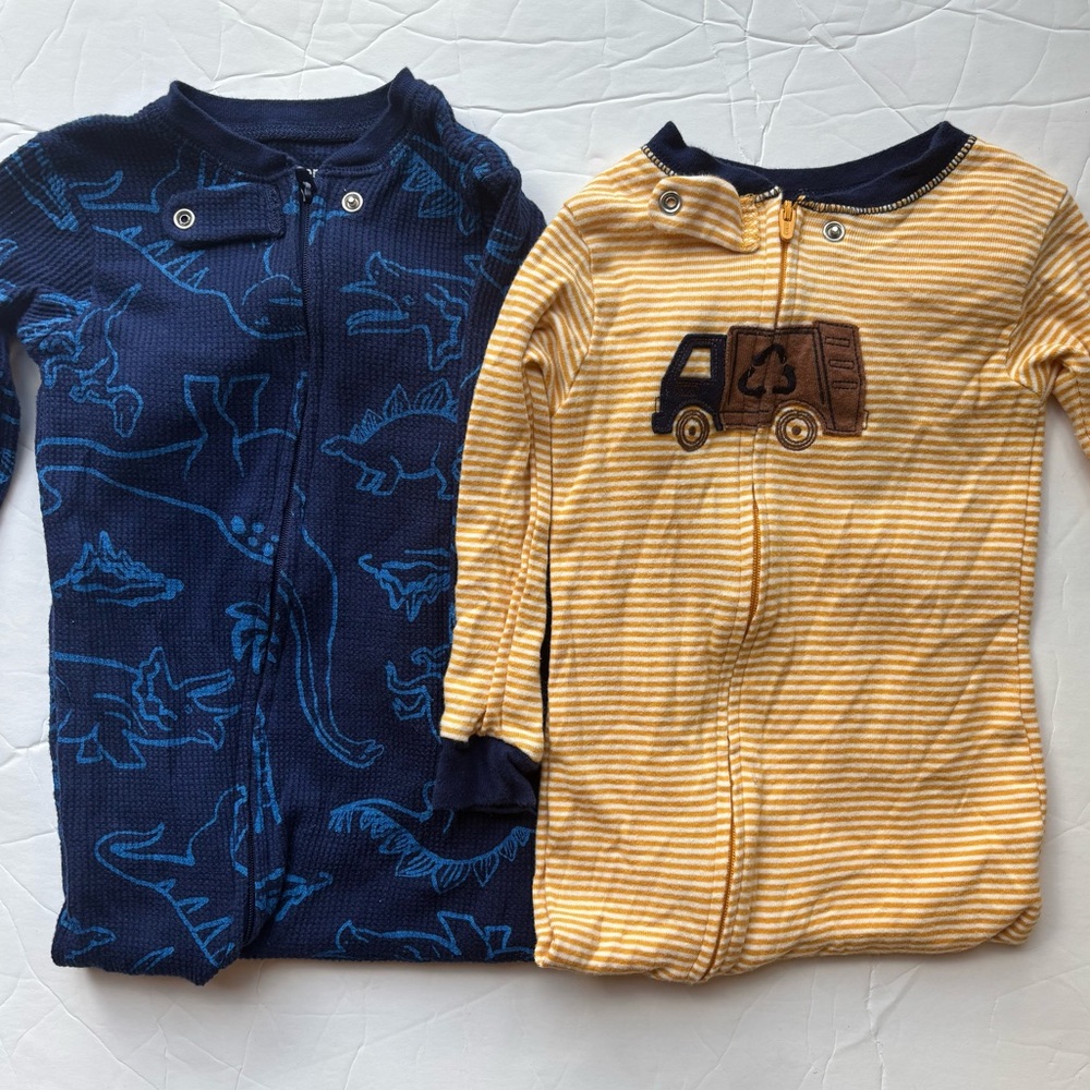 Carters 18M Boys Footed Pajamas | Striped Garbage Trucks & Ribbed Dinosaur Print